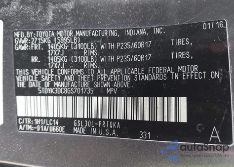 2016 Toyota Sienna Xle 8 Passenger from USA, damaged, VIN 5TDYK3DC8GS701735